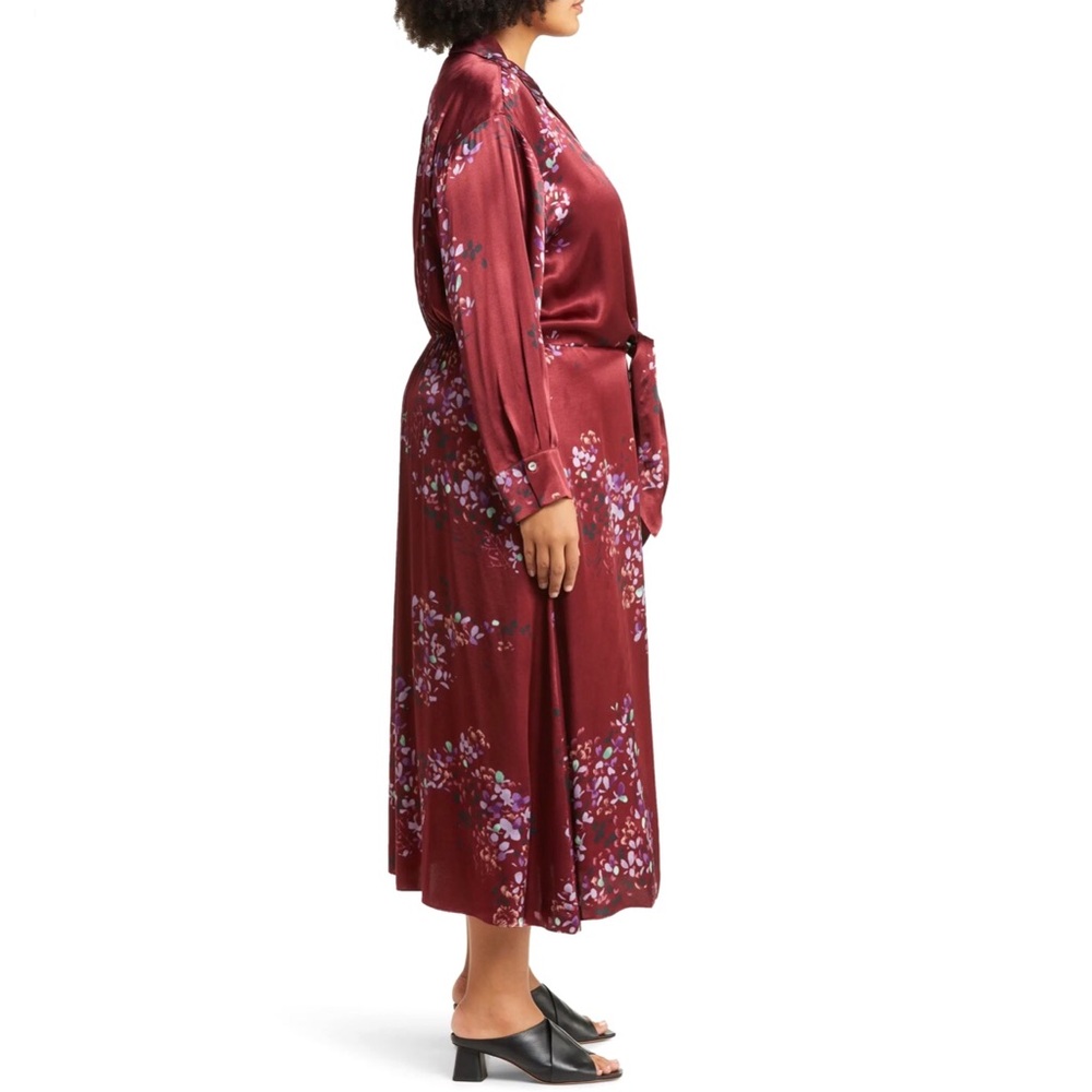 Vince Satin Shirtdress Forsythia Long Sleeve Deep Red Floral Size 3X - Picture 7 of 9